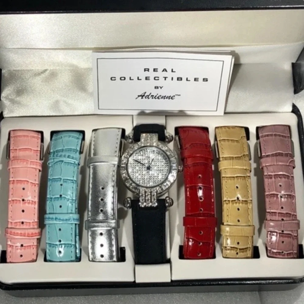 REAL COLLECTIBLES BY ADRIENNE WATCH SET CRYSTAL BEZEL & 7 COLORFUL BANDS - NIB